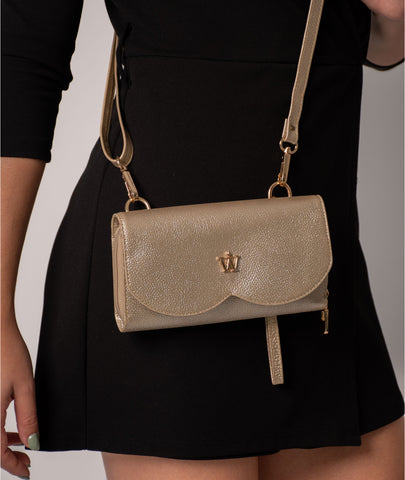 Porta Celular Gaia Oro | Manos libres pequeño en cuero