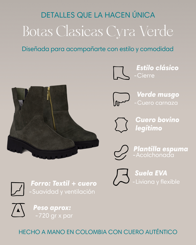 Botín de cuero Cyra verde – Estilo natural y confort artesanal