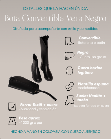 Bota Convertible Vera Negro | Botas caña larga de cuero